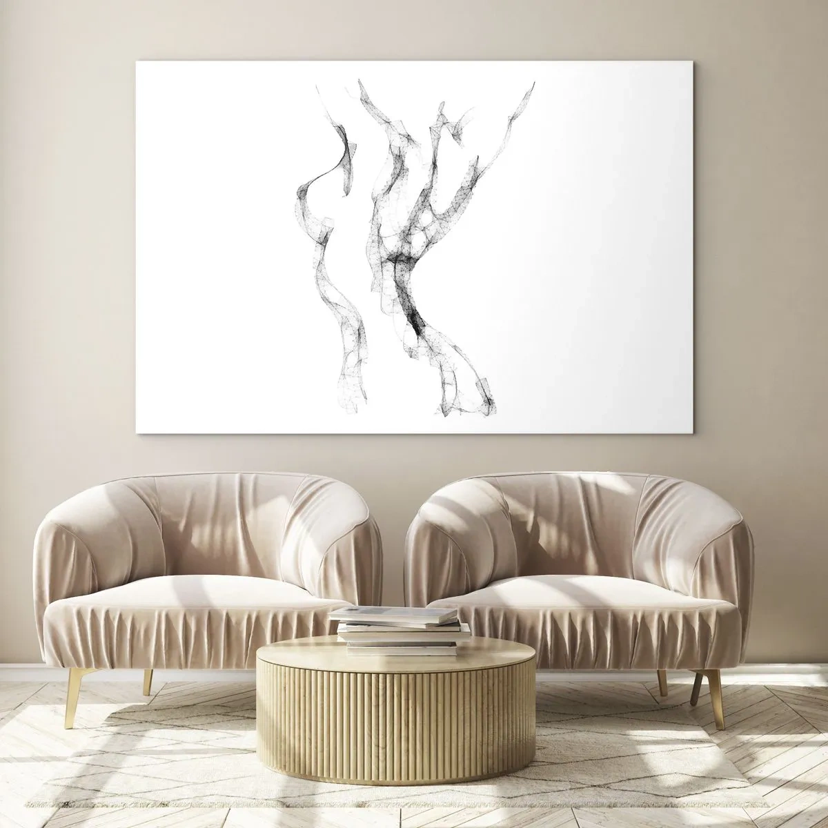 Quadro em vidro - Contorno feminino abstrato feito de linhas pretas e esfumaçadas - 70x50cm - Bonita e forte - Decoração de parede moderna para a sala de estar e quarto ARTTOR
