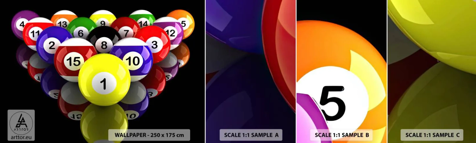 Amostra de papel de parede autocolante Deluxe Sticker - As diferentes cores do jogo - Esporte, Bilhar, Bolas de bilhar - 100x30 cm