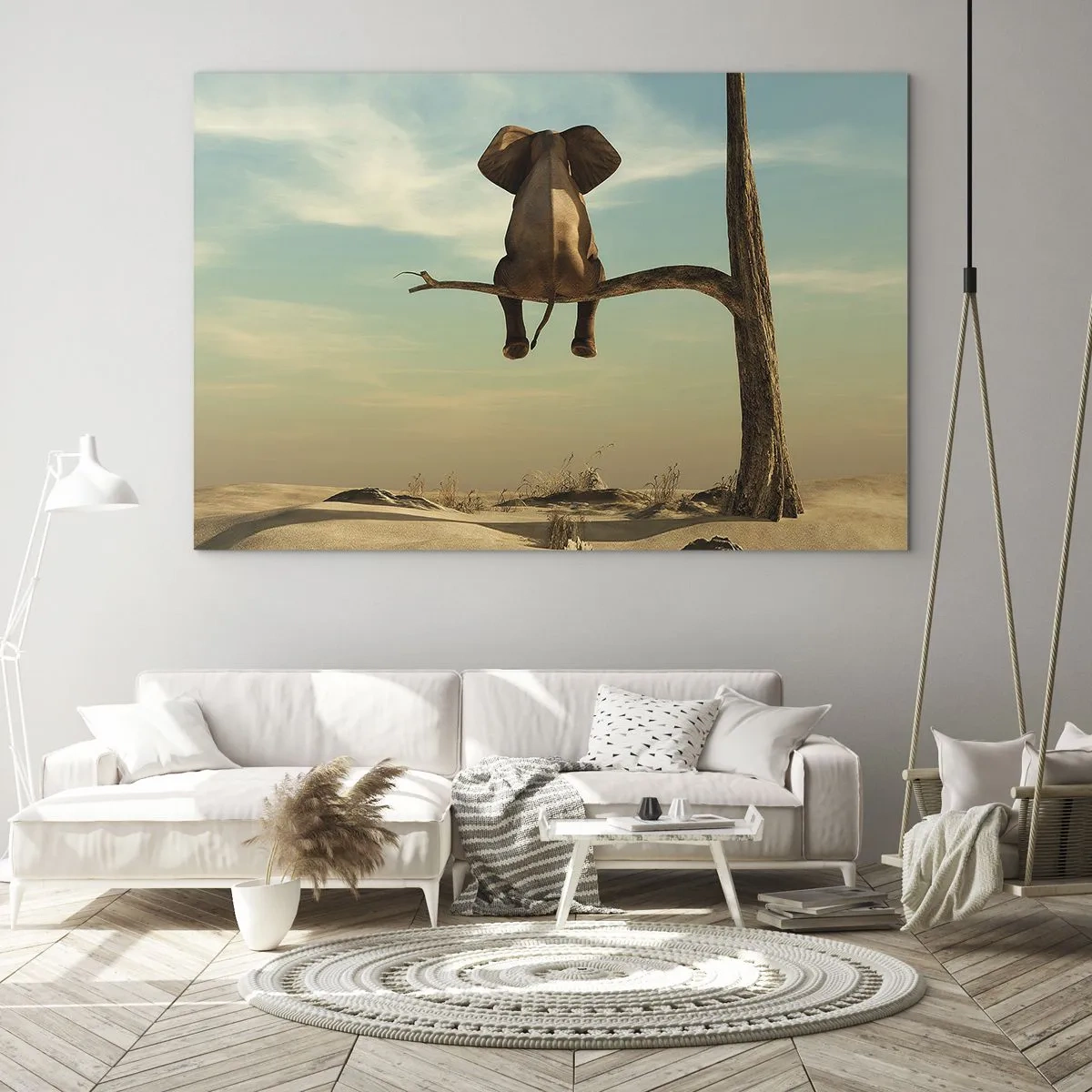 Quadro em vidro - Um elefante em um galho de árvore em um cenário surreal - 70x50cm - Um novo ponto de vista - Decoração de parede moderna para a sala de estar e quarto ARTTOR