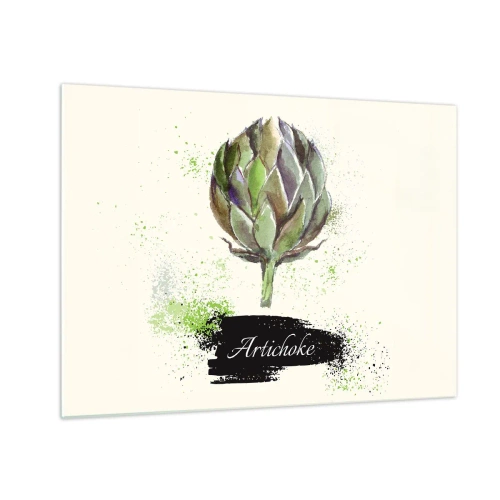 Quadro em vidro - Gráfico de alcachofra em aquarela com a palavra Alcachofra escrita nele - 70x50cm - Viva os vegetais! - Decoração de parede moderna para a sala de estar e quarto ARTTOR