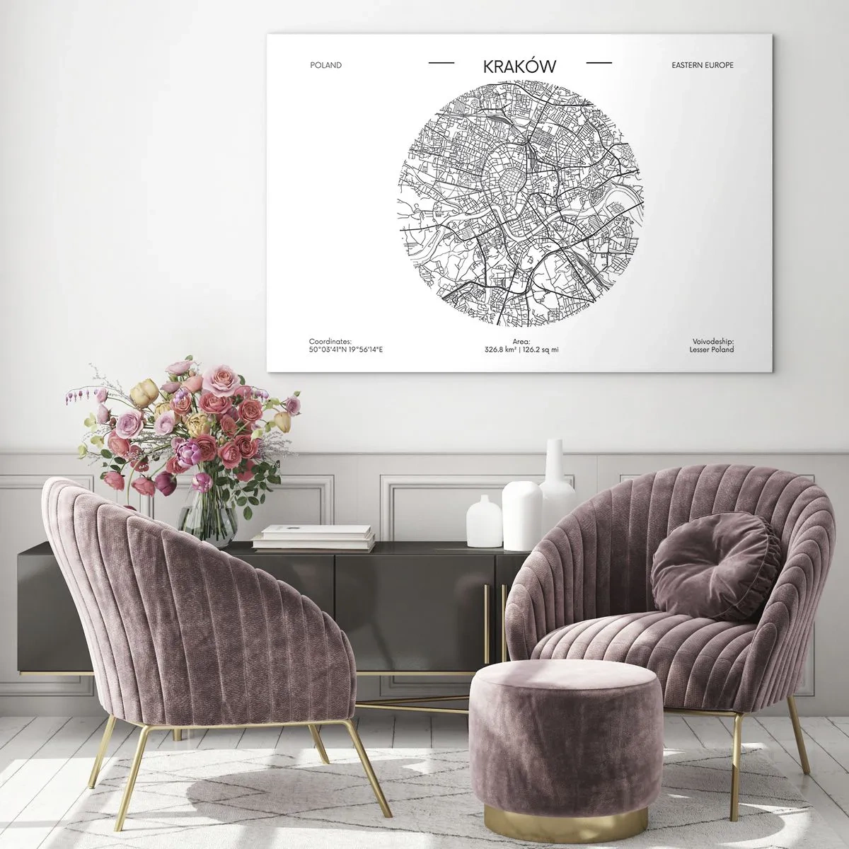 Quadro em vidro - Um mapa de Cracóvia em estilo de ilustração em preto e branco - 70x50cm - Anatomia de Cracóvia - Decoração de parede moderna para a sala de estar e quarto ARTTOR