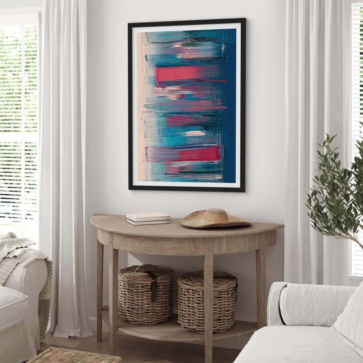 Pôster com moldura preta - Composição abstrata em tons de azul e vermelho - 50x70cm - Composição vertical em azul e vermelho - Decoração de parede moderna para a sala de estar e quarto ARTTOR