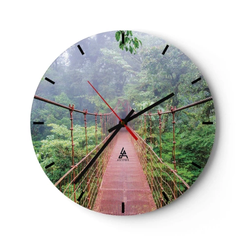 Relógio de parede - Relógio em vidro - Uma ponte suspensa vermelha no meio de uma selva tropical - 30x30cm - Suspenso acima das copas - Decoração de parede moderna para a sala de estar, cozinha e quarto ARTTOR