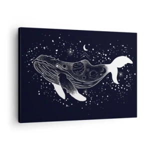 Quadro em tela - Uma ilustração gráfica de uma baleia em estilo da era espacial. - 70x50cm - No oceano do universo - Decoração de parede moderna para a sala de estar e quarto ARTTOR