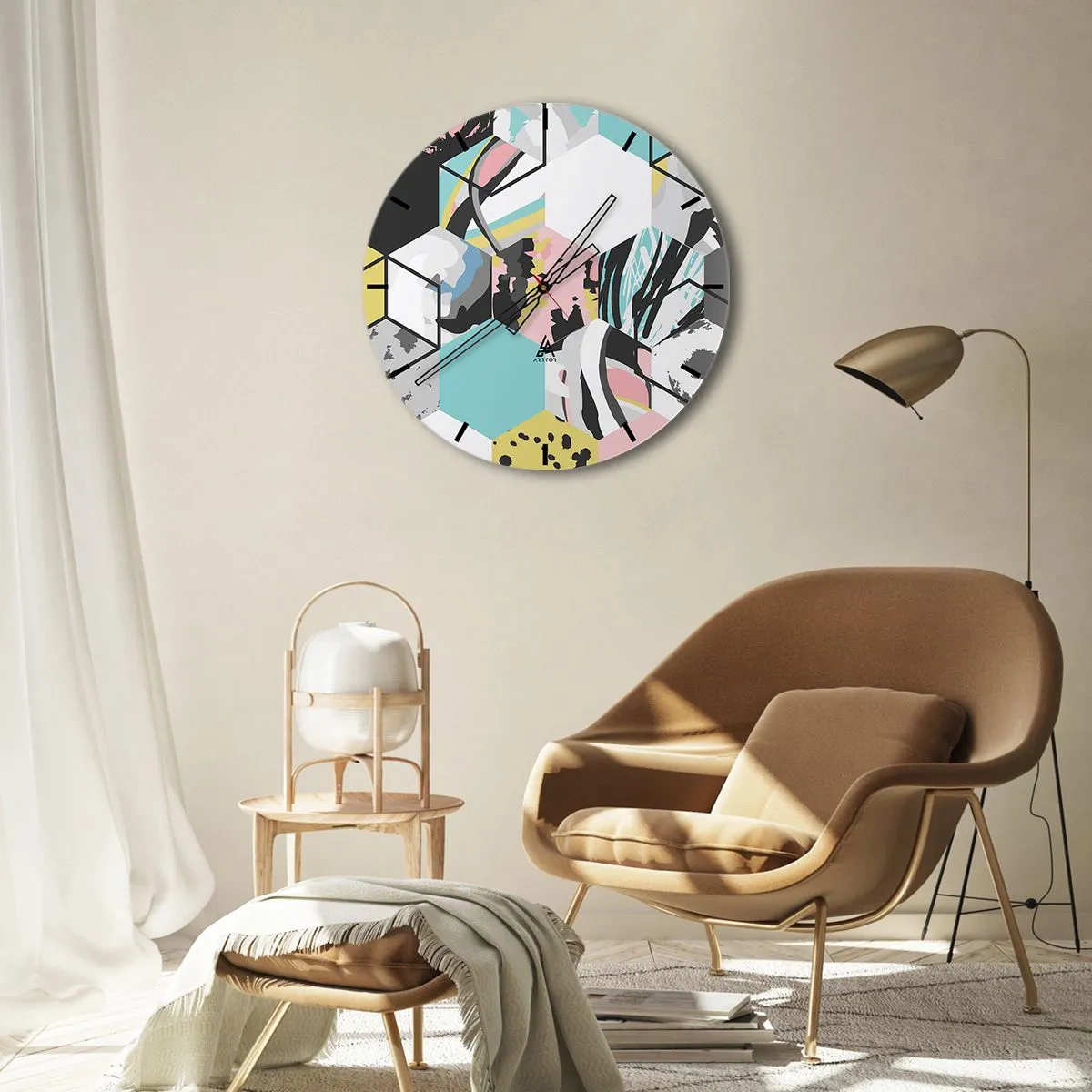 Relógio de parede - Relógio em vidro - Hexágonos abstratos em cores pastel - 30x30cm - Hexágonos e cubos em seis cores - Decoração de parede moderna para a sala de estar, cozinha e quarto ARTTOR