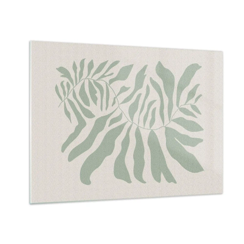 Quadro em vidro - Um ramo de esmeralda com formas orgânicas em um fundo claro - 70x50cm - Galho esmeralda - Decoração de parede moderna para a sala de estar e quarto ARTTOR