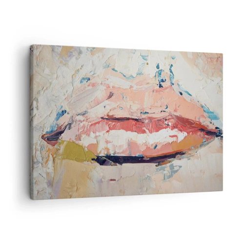 Quadro em tela - Uma composição abstrata representando os lábios de uma mulher em cores pastéis. - 70x50cm - Desperta os sentidos - Decoração de parede moderna para a sala de estar e quarto ARTTOR