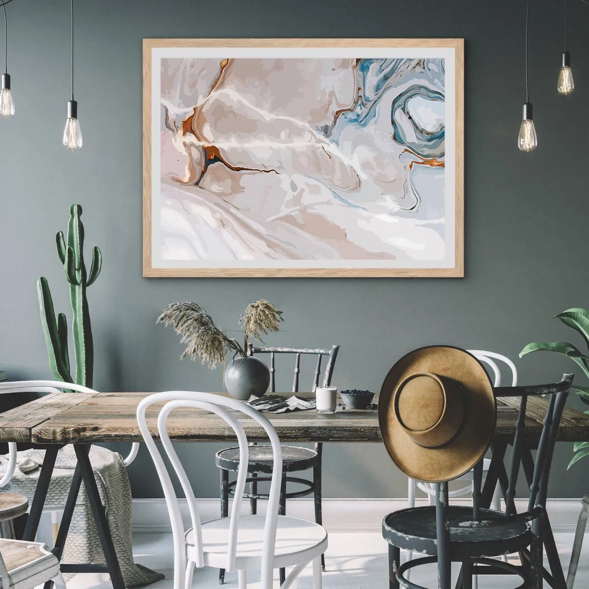 Pôster com moldura de carvalho claro - Meandros azuis sob branco - 100x70 cm