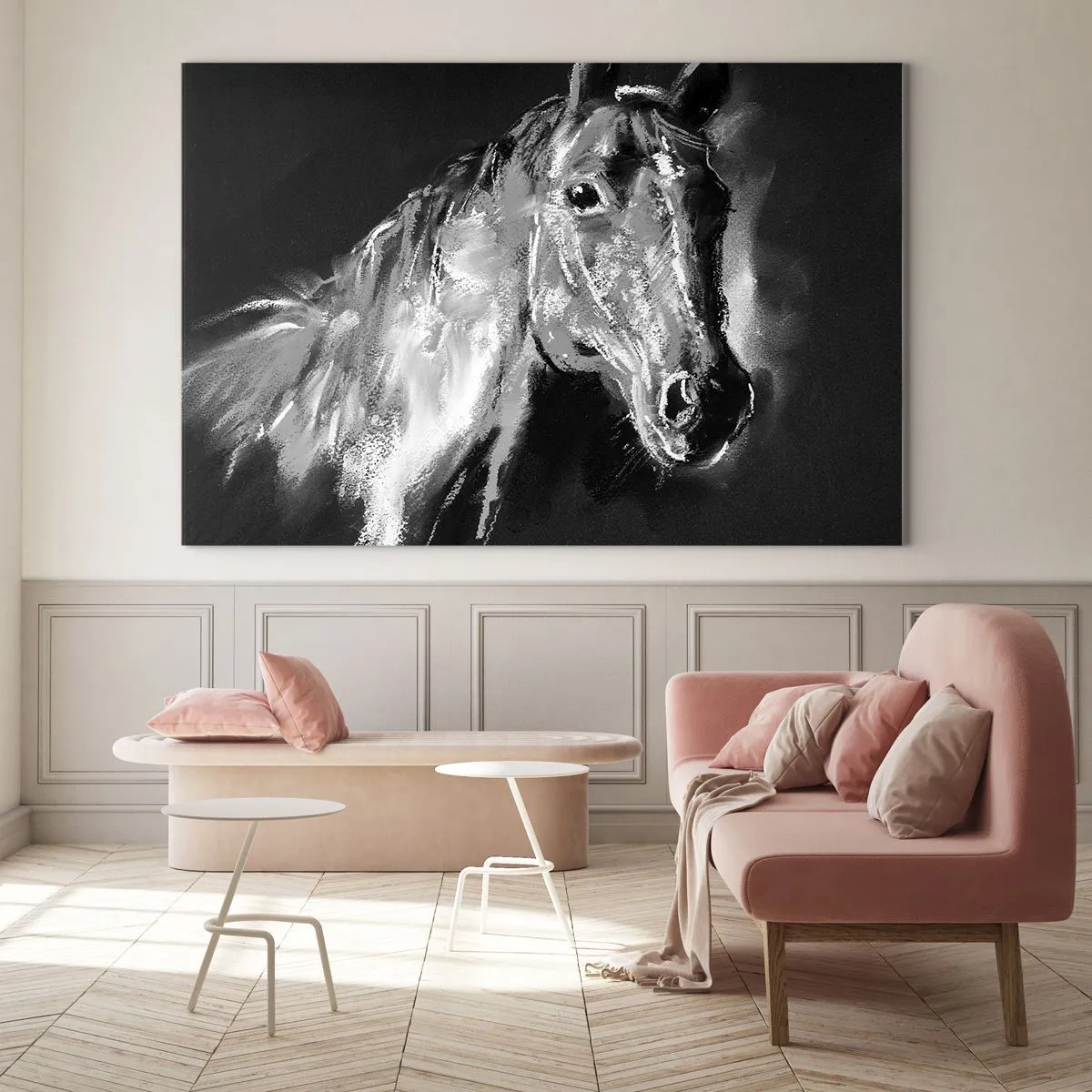 Quadro em vidro - Retrato de um cavalo em tons de preto e branco sobre fundo escuro - 70x50cm - O Brilho de uma Alma Nobre - Decoração de parede moderna para a sala de estar e quarto ARTTOR