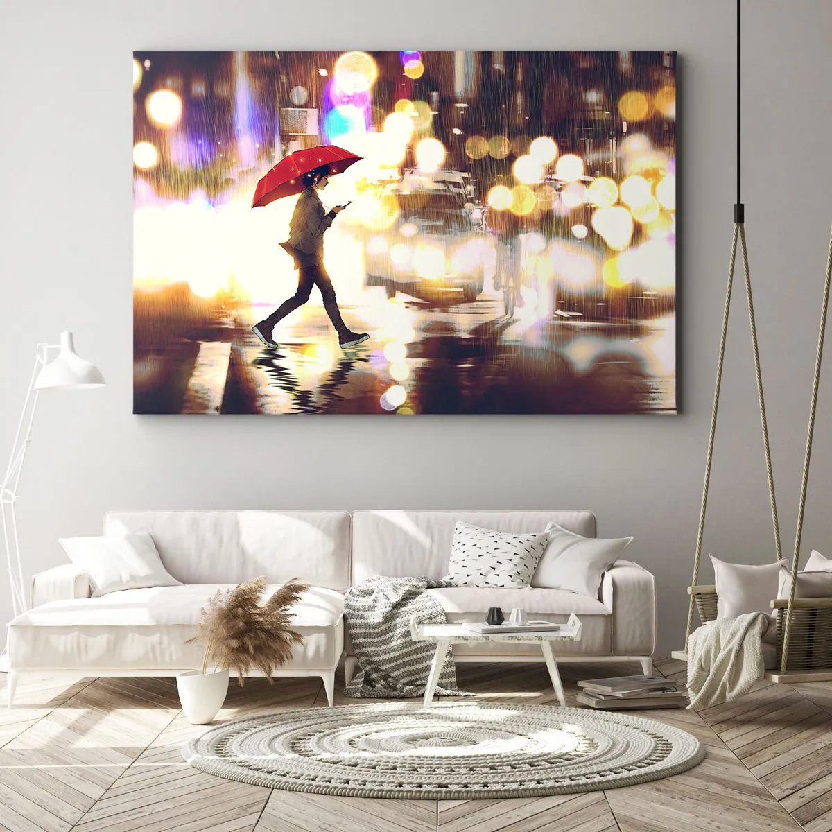Quadro em tela - Uma figura com um guarda-chuva vermelho na rua na chuva - 70x50cm - Apesar de tudo, ensolarado - Decoração de parede moderna para a sala de estar e quarto ARTTOR