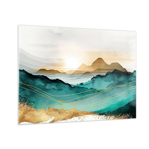 Quadro em vidro - Uma paisagem montanhosa dourada e turquesa em estilo aquarela. - 70x50cm - À beira da abstração – paisagem - Decoração de parede moderna para a sala de estar e quarto ARTTOR