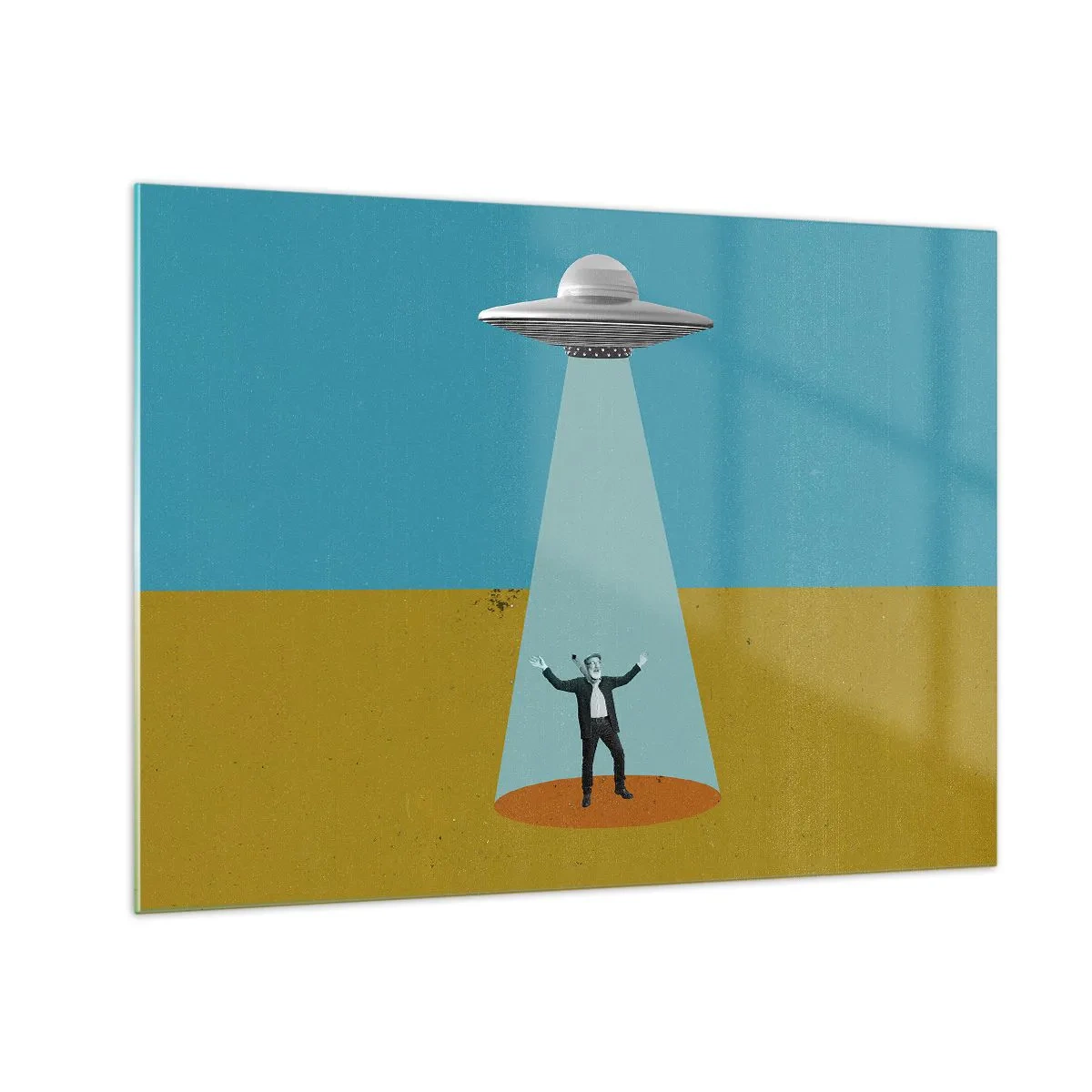 Quadro em vidro - Um homem à luz de um disco espacial em um fundo colorido - 70x50cm - Encontro próximo - Decoração de parede moderna para a sala de estar e quarto ARTTOR