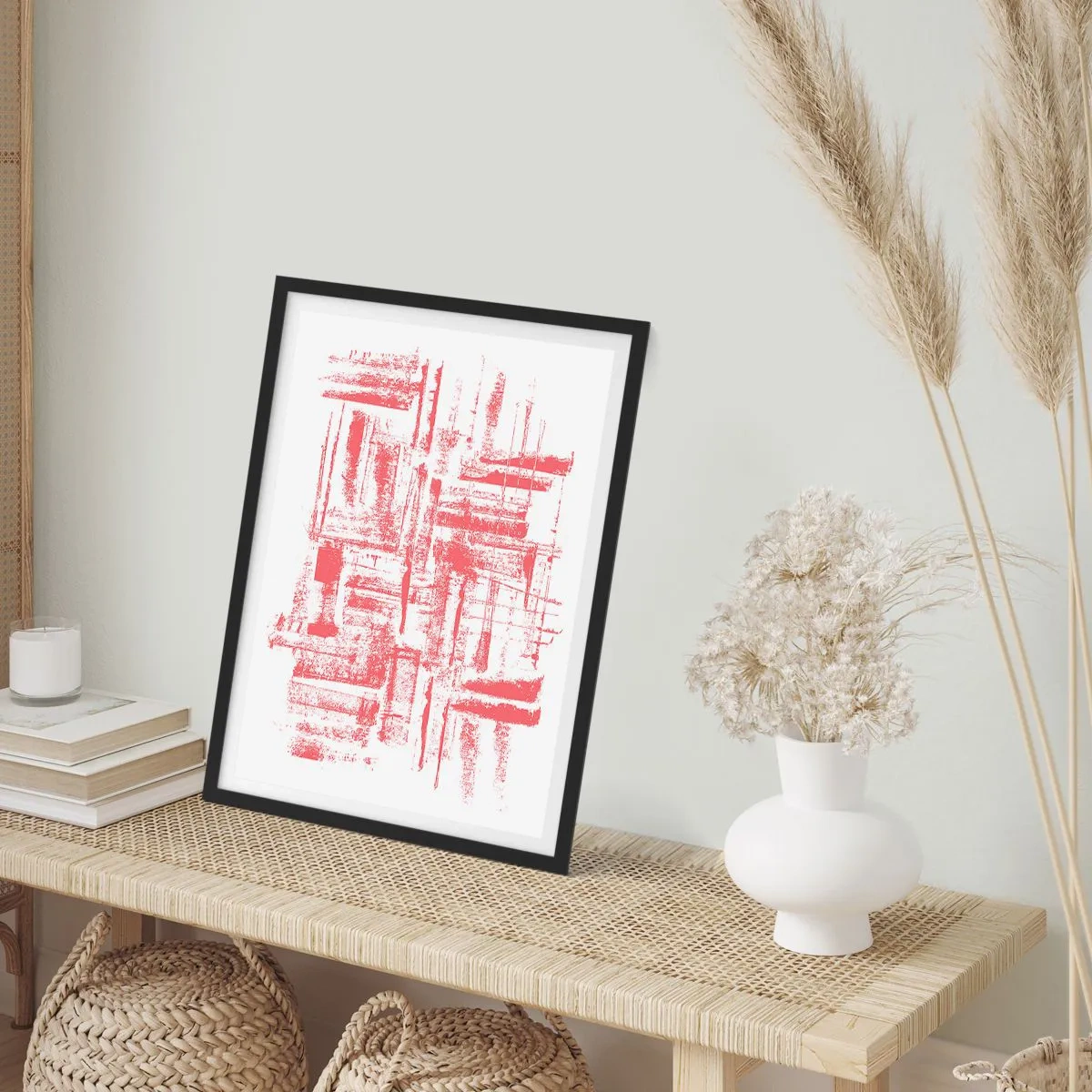 Pôster com moldura preta - Linhas geométricas vermelhas em um fundo branco - 50x70cm - Cidade Vermelha - Decoração de parede moderna para a sala de estar e quarto ARTTOR
