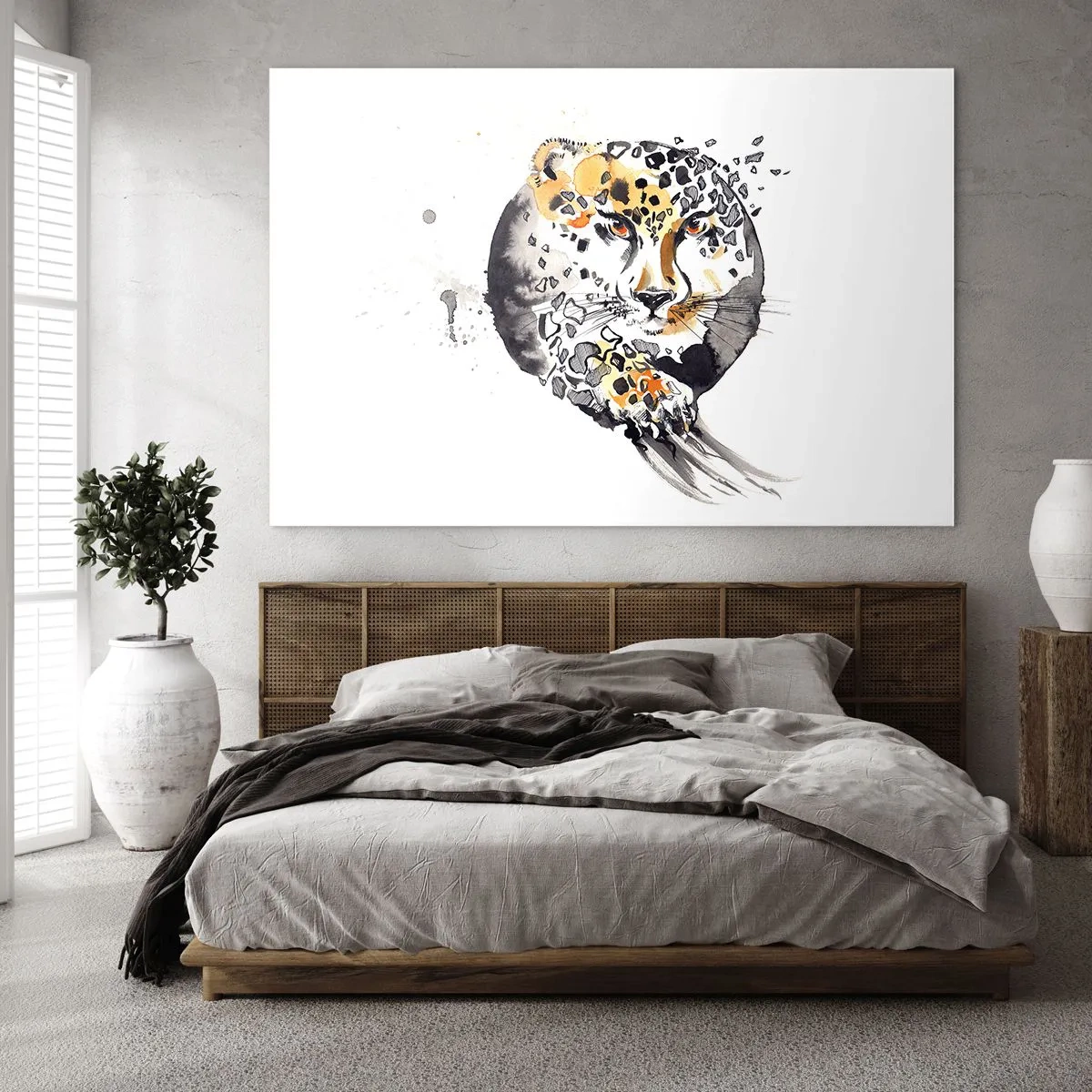 Quadro em vidro - Leopardo em uma composição dinâmica e abstrata - 70x50cm - Beleza predatória - Decoração de parede moderna para a sala de estar e quarto ARTTOR