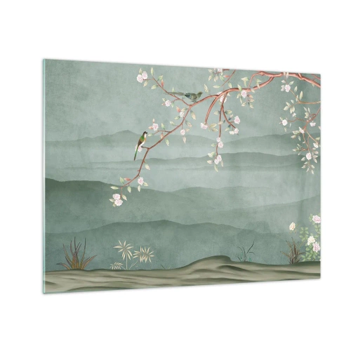 Quadro em vidro - Um ramo com flores e pássaros contra um fundo de colinas verdes - 70x50cm - Primavera, oh, és tu - Decoração de parede moderna para a sala de estar e quarto ARTTOR