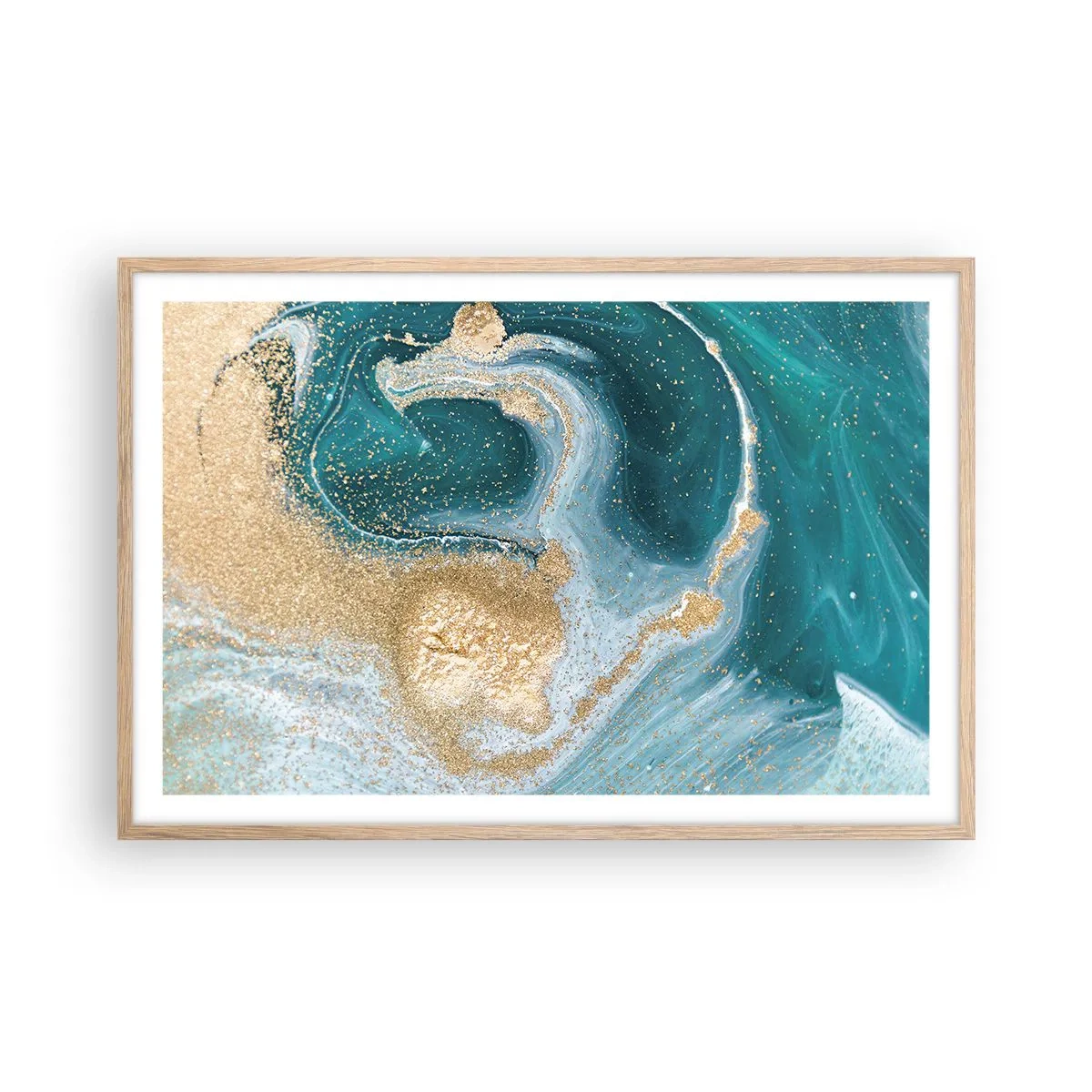 Pôster com moldura de carvalho claro - Um vórtice de ouro e turquesa - 91x61 cm