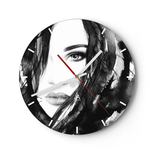 Relógio de parede - Relógio em vidro - Retrato de uma mulher em preto e branco com estilo aquarela - 30x30cm - Retrato de uma dama a preto e branco - Decoração de parede moderna para a sala de estar, cozinha e quarto ARTTOR