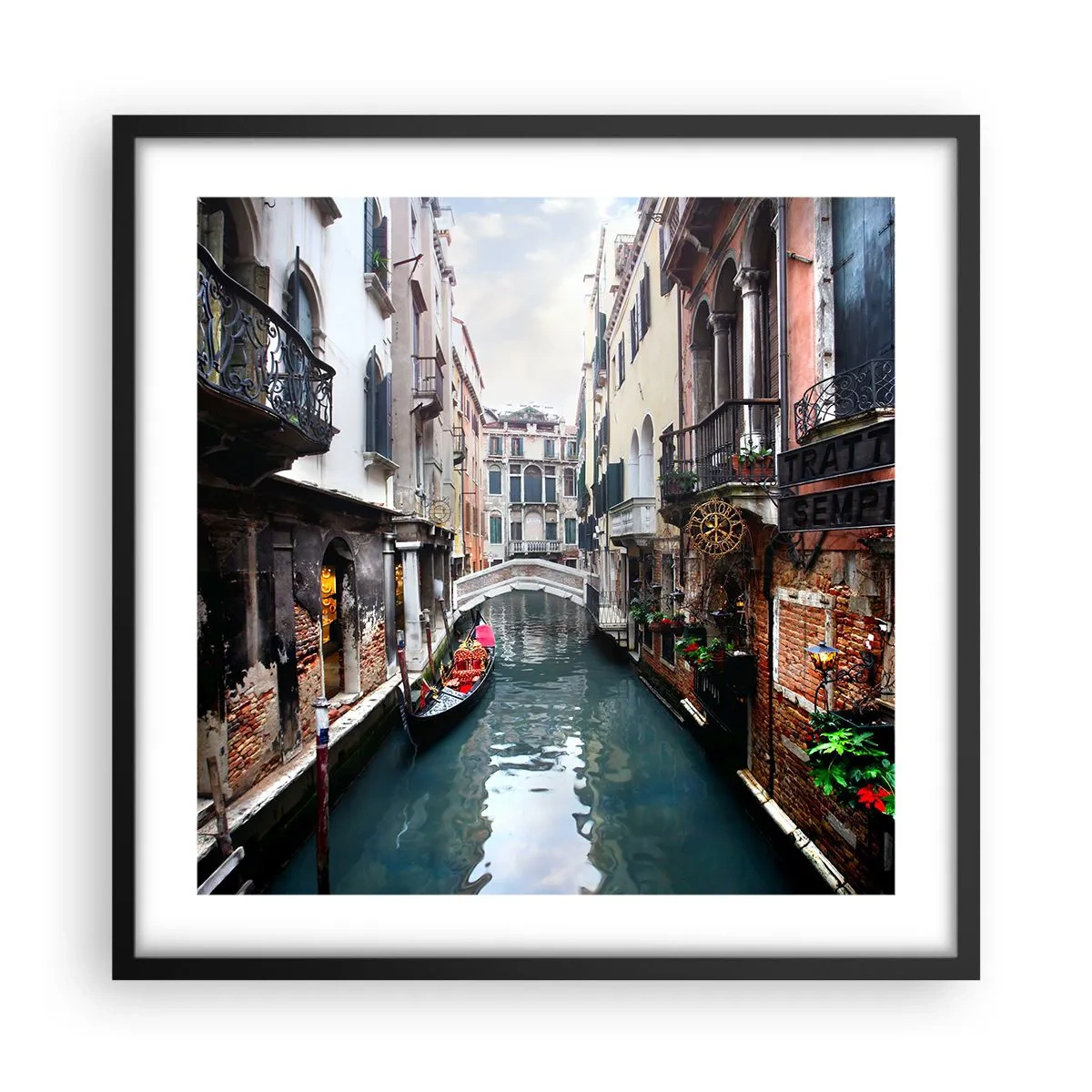 Pôster com moldura preta - Paisagem veneziana com gôndola e ponte - 50x50 cm