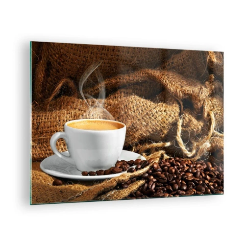 Quadro em vidro - Uma xícara de café com grãos em um fundo de juta - 70x50cm - O cheiro de moka e a densidade do líquido de mel - Decoração de parede moderna para a sala de estar e quarto ARTTOR