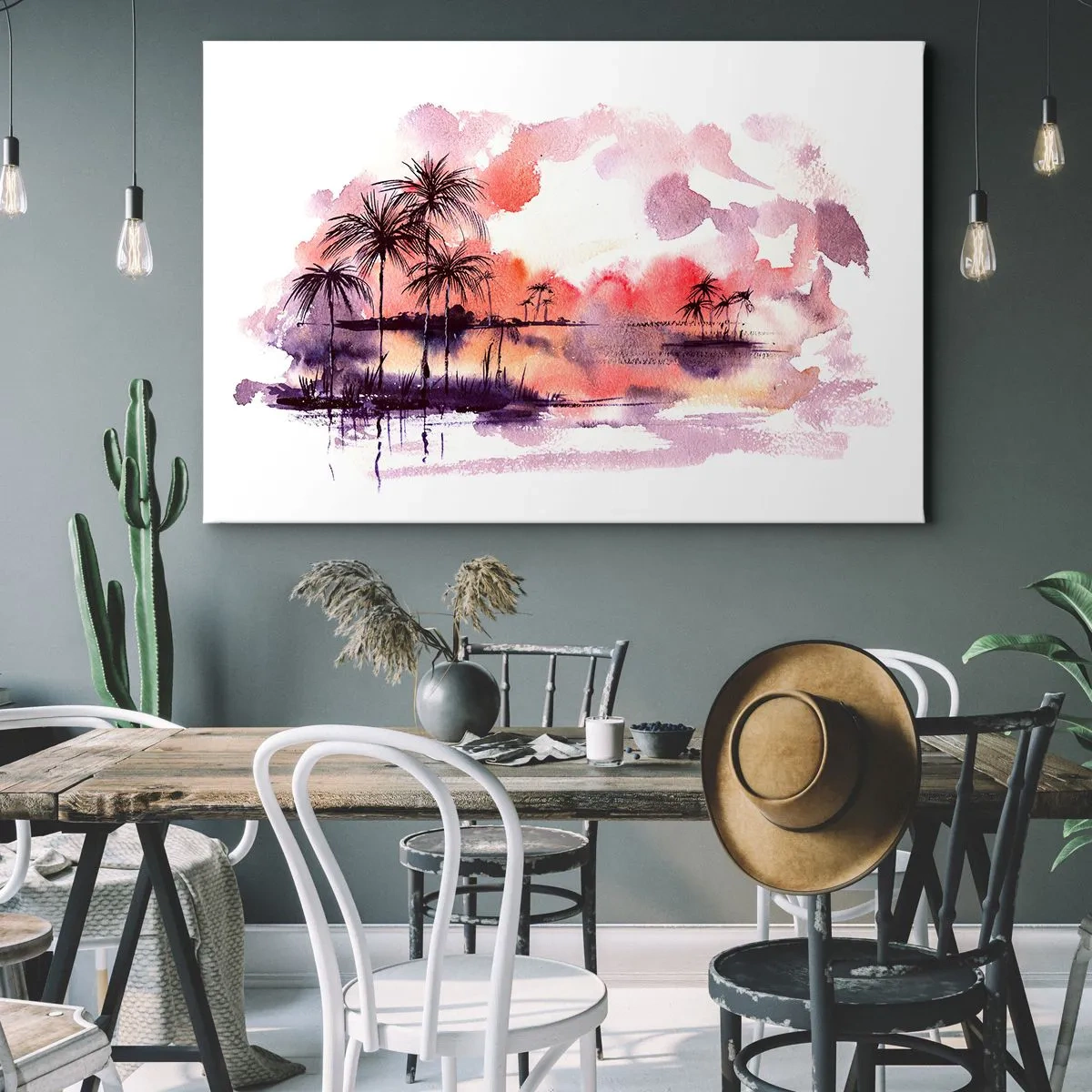 Quadro em tela - Paisagem tropical com palmeiras ao pôr do sol em aquarela - 70x50cm - A tranquilidade dos trópicos em vermelho - Decoração de parede moderna para a sala de estar e quarto ARTTOR