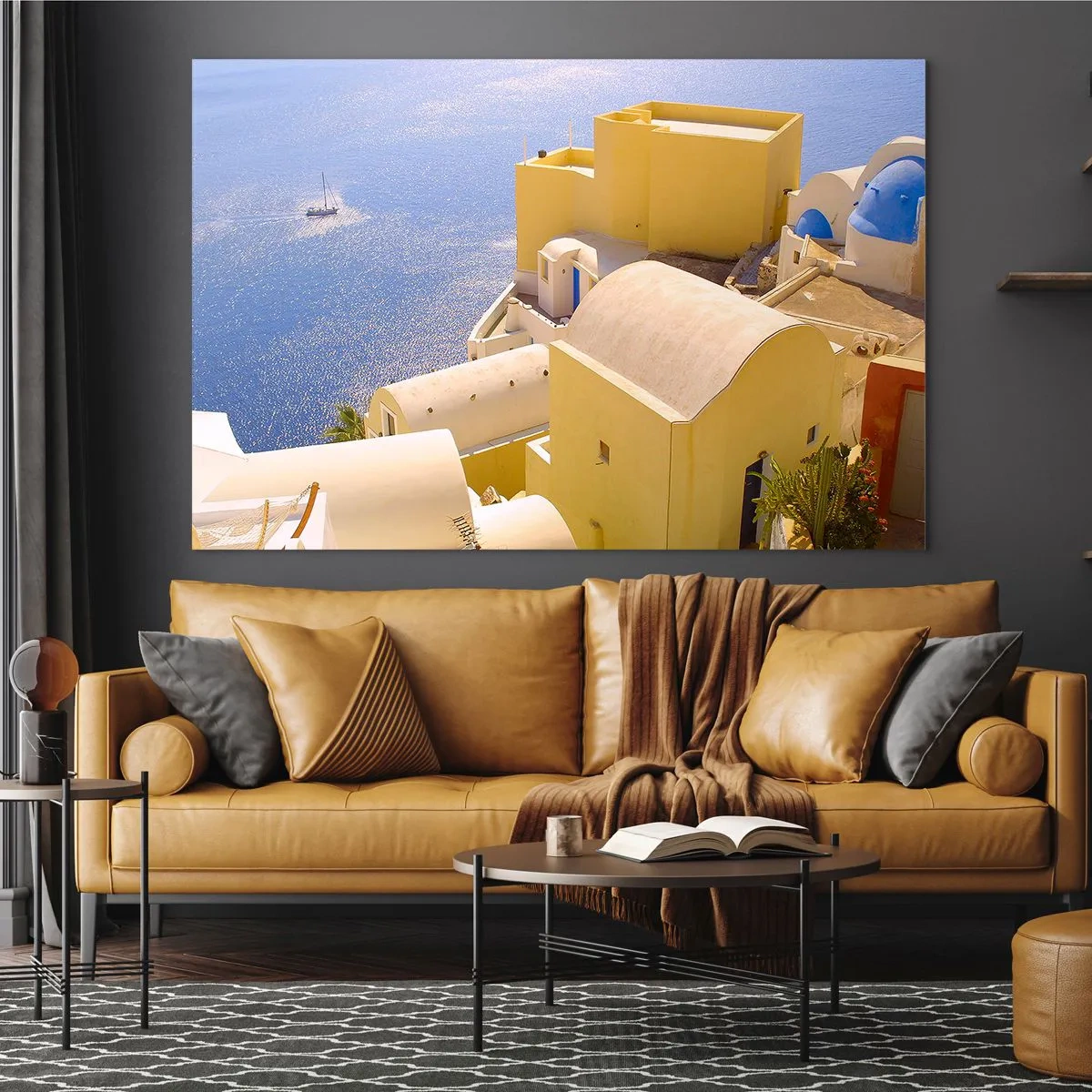Quadro em vidro - Vista de Santorini com mar azul e edifícios brancos - 70x50cm - Paisagem grega em branco e azul - Decoração de parede moderna para a sala de estar e quarto ARTTOR