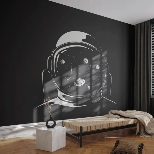 Papel de Parede Standard Eco - Cosmonauta com planetas em seu capacete em um fundo preto - 100x70cm - Bela Vista - Decoração de parede moderna para a sala de estar e quarto ARTTOR