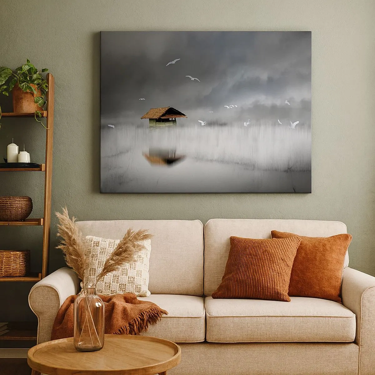 Quadro em tela - Uma casa solitária na água cercada por neblina e pássaros - 70x50cm - Abrigo da chuva - Decoração de parede moderna para a sala de estar e quarto ARTTOR