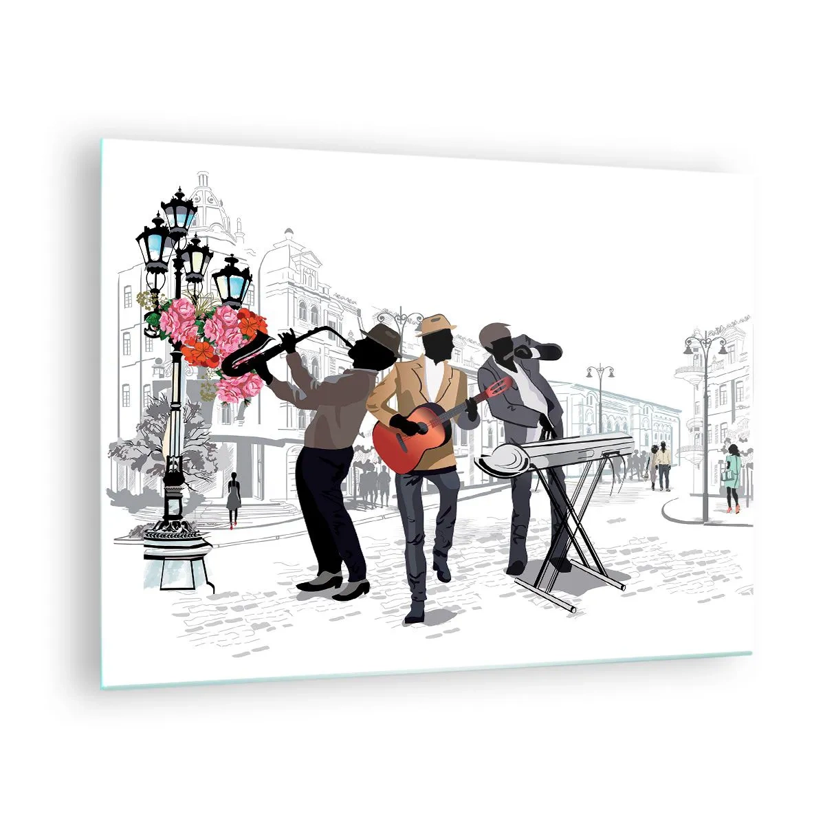Quadro em vidro - Uma banda de jazz tocando na rua - 70x50cm - Música de rua - Decoração de parede moderna para a sala de estar e quarto ARTTOR