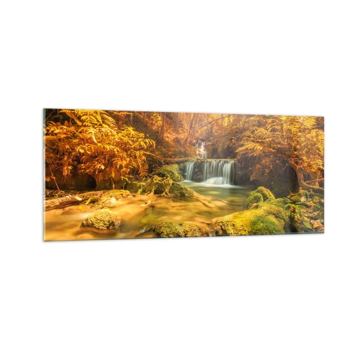 Quadro em vidro - Cascata na floresta em ouro - 100x40 cm