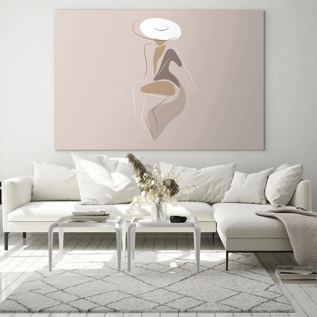 Quadro em vidro - Silhueta de uma mulher com chapéu em fundo bege - 70x50cm - Ser uma dama - Decoração de parede moderna para a sala de estar e quarto ARTTOR
