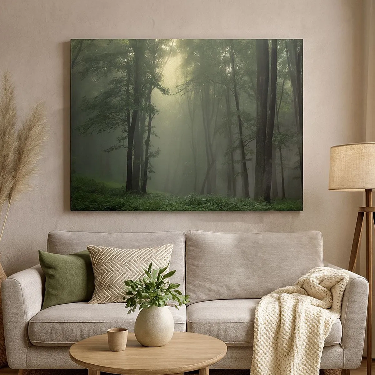 Quadro em tela - Uma floresta verde pela manhã envolta em uma névoa delicada - 70x50cm - Antes de acordar - Decoração de parede moderna para a sala de estar e quarto ARTTOR