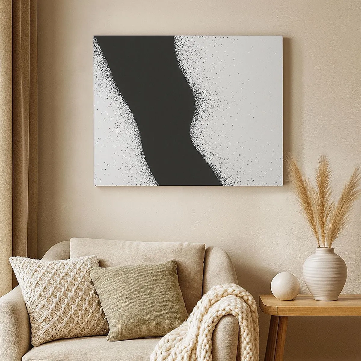 Quadro em tela - Padrão abstrato em preto e branco com pontos delicados na tela - 70x50cm - Equilíbrio suave - Decoração de parede moderna para a sala de estar e quarto ARTTOR