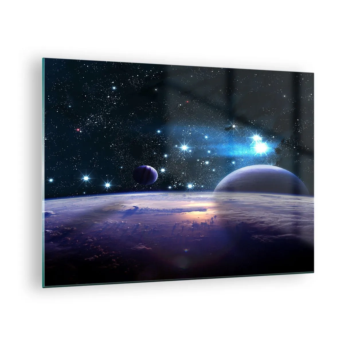 Quadro em vidro - Uma paisagem espacial com planetas e estrelas tendo como pano de fundo uma galáxia. - 70x50cm - Ainda sozinhos? - Decoração de parede moderna para a sala de estar e quarto ARTTOR