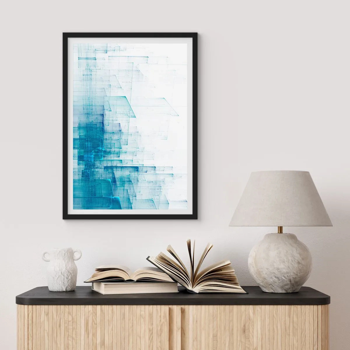 Pôster com moldura preta - Composição geométrica abstrata em tons de azul e branco - 50x70cm - Como o espaço ficou - Decoração de parede moderna para a sala de estar e quarto ARTTOR