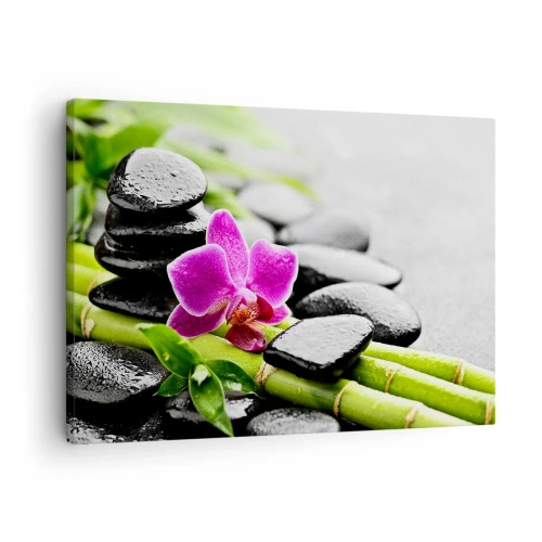 Quadro em tela - Orquídea roxa, pedras pretas e bambu em uma composição tranquila - 70x50cm - Calmo equilíbrio - Decoração de parede moderna para a sala de estar e quarto ARTTOR