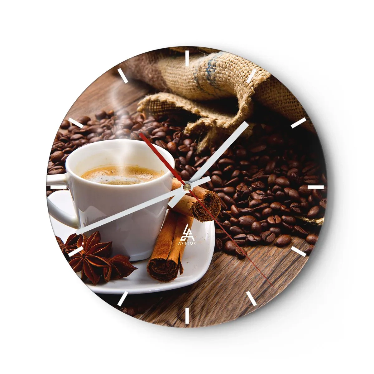 Relógio de parede - Relógio em vidro - Uma xícara de café com especiarias e grãos de café - 30x30cm - Sabor e aroma picantes - Decoração de parede moderna para a sala de estar, cozinha e quarto ARTTOR