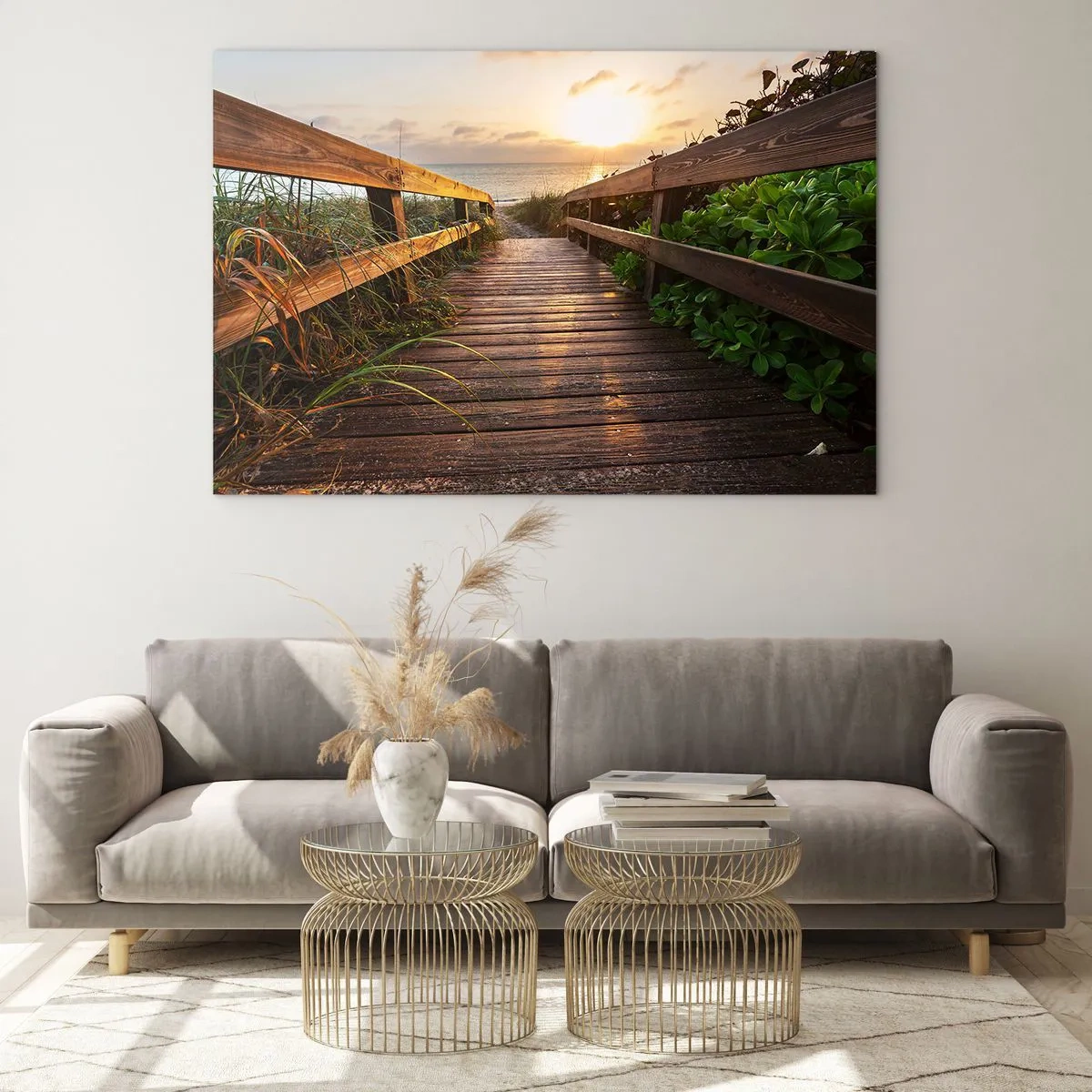 Quadro em vidro - Passarela de madeira que leva à praia ao pôr do sol - 70x50cm - Direto para a costa - Decoração de parede moderna para a sala de estar e quarto ARTTOR