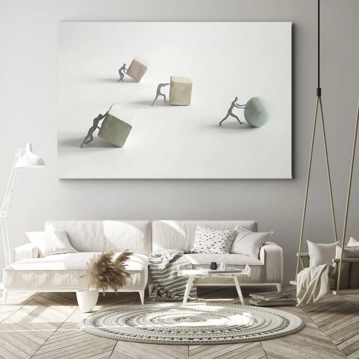 Quadro em tela - Figuras em miniatura empurrando formas contra um fundo claro - 70x50cm - É a vida - Decoração de parede moderna para a sala de estar e quarto ARTTOR