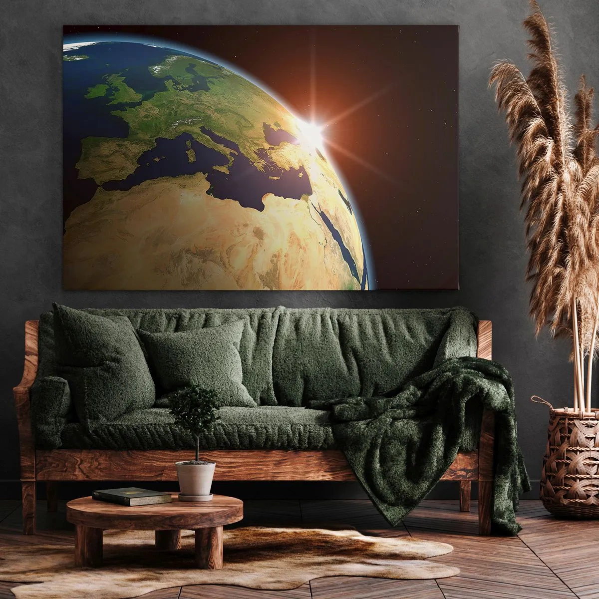 Quadro em tela - Vista da Terra do espaço com raios de sol no horizonte - 70x50cm - Nascer do Sol - Decoração de parede moderna para a sala de estar e quarto ARTTOR