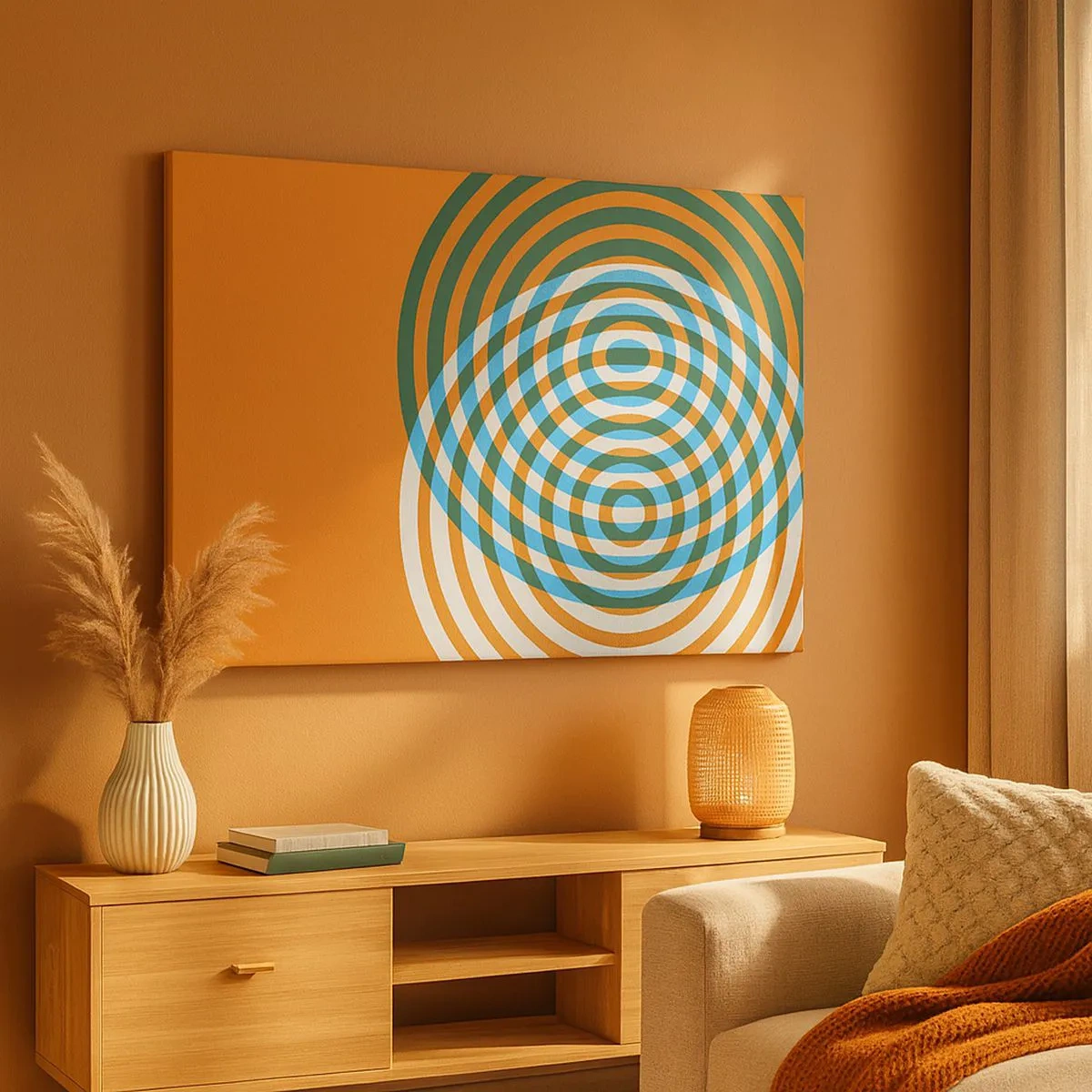 Quadro em tela - Círculos concêntricos em um fundo laranja - 70x50cm - Variação circular abstrata - Decoração de parede moderna para a sala de estar e quarto ARTTOR