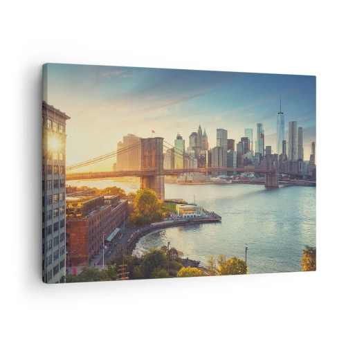Quadro em tela - Panorama da cidade com a ponte ao pôr do sol - 70x50cm - O amanhecer da cidade grande - Decoração de parede moderna para a sala de estar e quarto ARTTOR