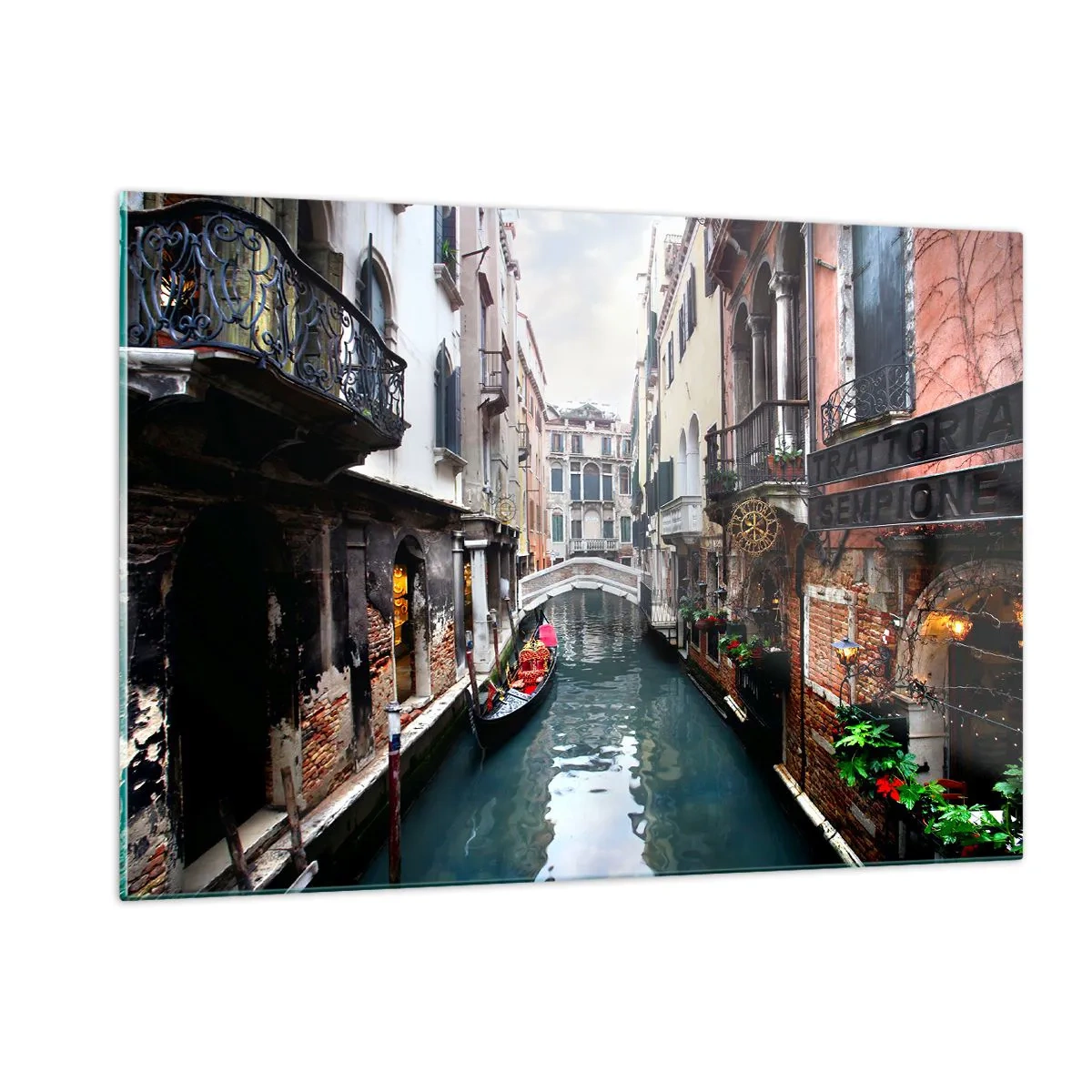 Quadro em vidro - Paisagem veneziana com gôndola e ponte - 120x80 cm
