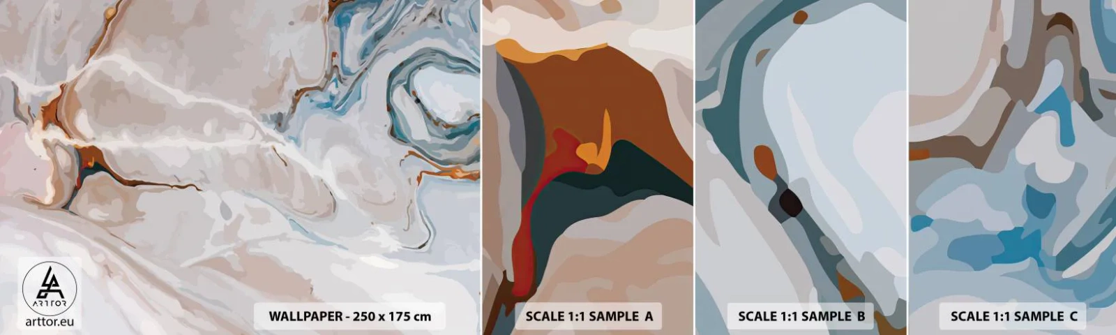 Amostra de papel de parede autocolante Deluxe Sticker - Meandros azuis sob branco - Abstração, Pedaço, Padrão Moderno - 100x30 cm