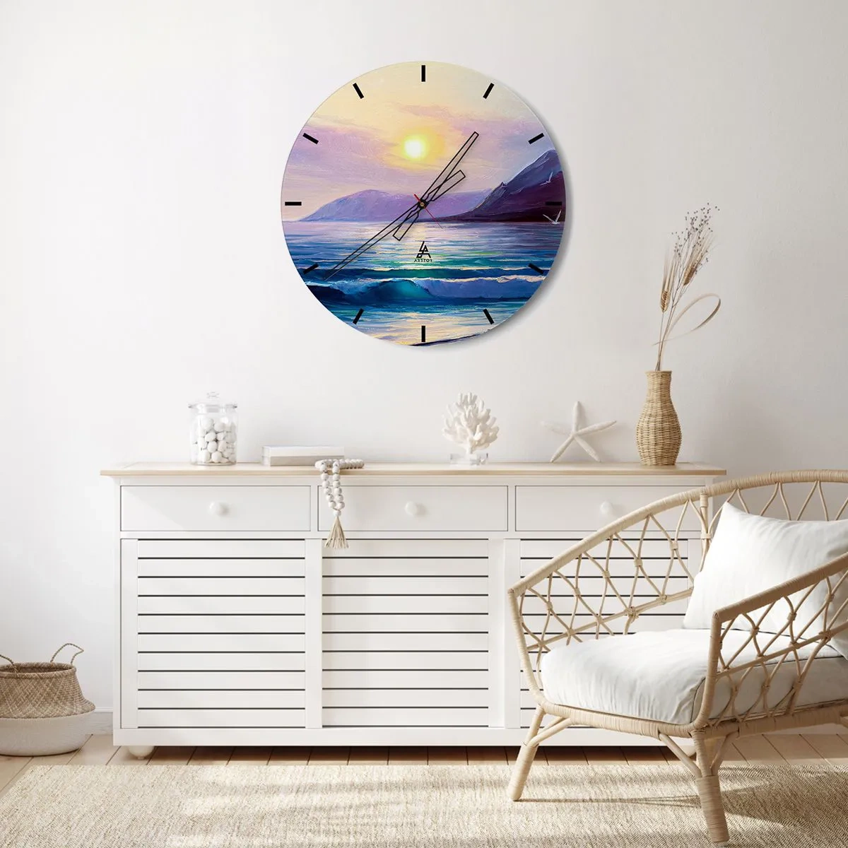 Relógio de parede - Relógio em vidro - Paisagem marinha com o pôr do sol - 30x30cm - Cristal de água e ar - Decoração de parede moderna para a sala de estar, cozinha e quarto ARTTOR