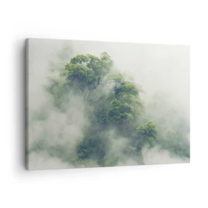Quadro em tela - Árvores verdes em meio a uma névoa espessa contra um fundo natural - 70x50cm - Envolto em neblina - Decoração de parede moderna para a sala de estar e quarto ARTTOR