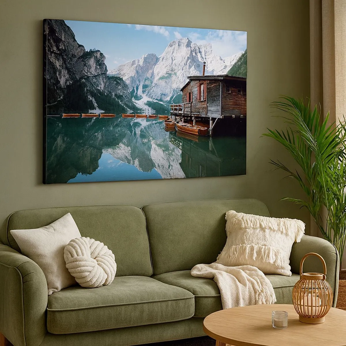 Quadro em tela - Uma casa de madeira perto de um tranquilo lago de montanha - 70x50cm - Manhã cristalina nas montanhas - Decoração de parede moderna para a sala de estar e quarto ARTTOR