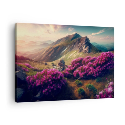Quadro em tela - Paisagem montanhosa com rododendros em flor - 70x50cm - Verão nas montanhas - Decoração de parede moderna para a sala de estar e quarto ARTTOR