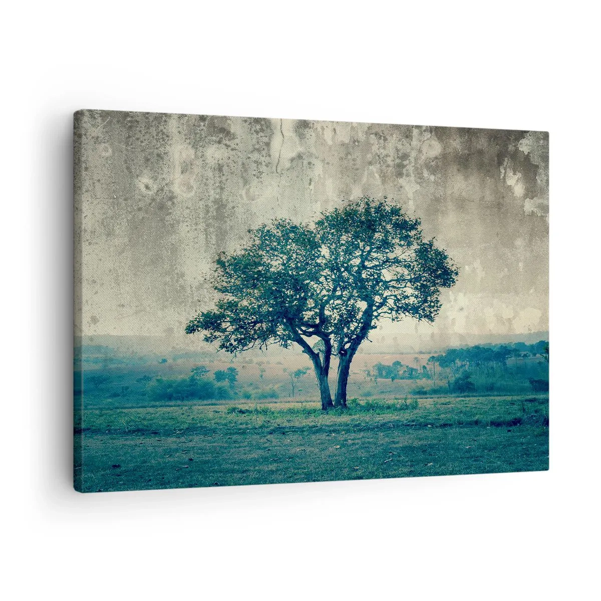 Quadro em tela - Uma árvore solitária em uma paisagem enevoada - 70x50cm - Uma macieira num prado azul? - Decoração de parede moderna para a sala de estar e quarto ARTTOR