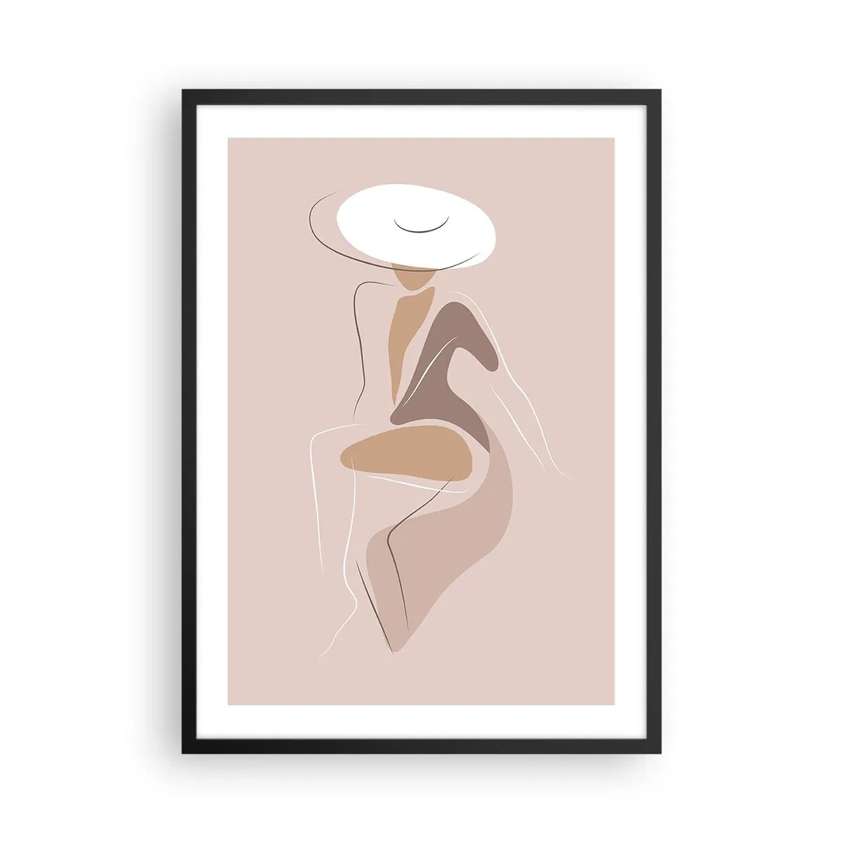 Pôster com moldura preta - Uma imagem minimalista de uma mulher de chapéu em um fundo bege. - 50x70cm - Ser uma dama - Decoração de parede moderna para a sala de estar e quarto ARTTOR
