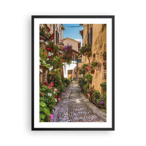Pôster com moldura preta - Uma rua encantadora com flores e um caminho de paralelepípedos em um dia ensolarado - 50x70cm - Beco italiano - Decoração de parede moderna para a sala de estar e quarto ARTTOR